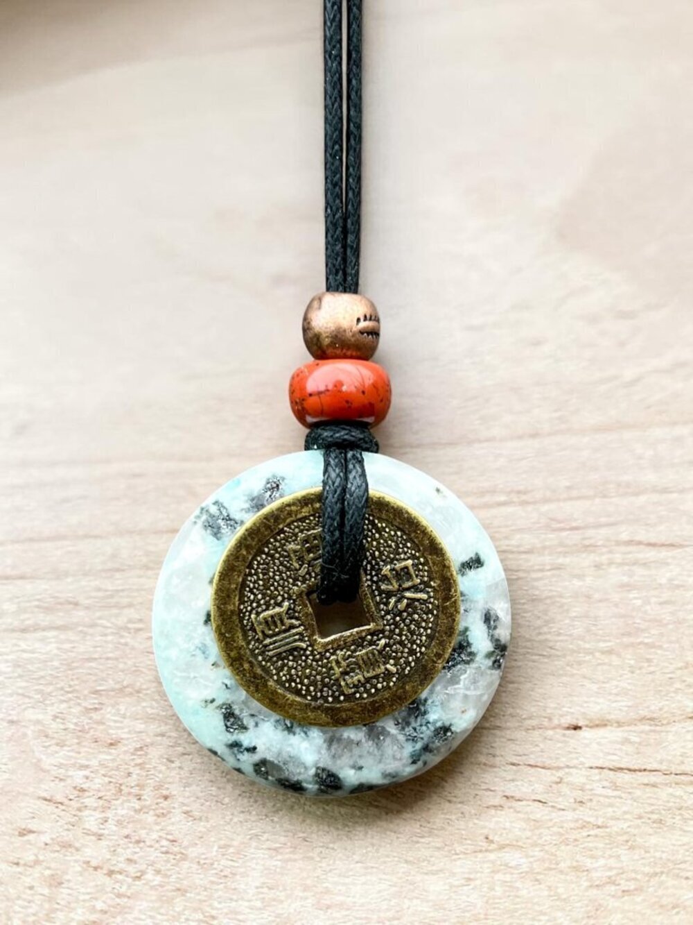 Kiwi Jasper Gemstone Necklace with Lucky Coin | Handmade